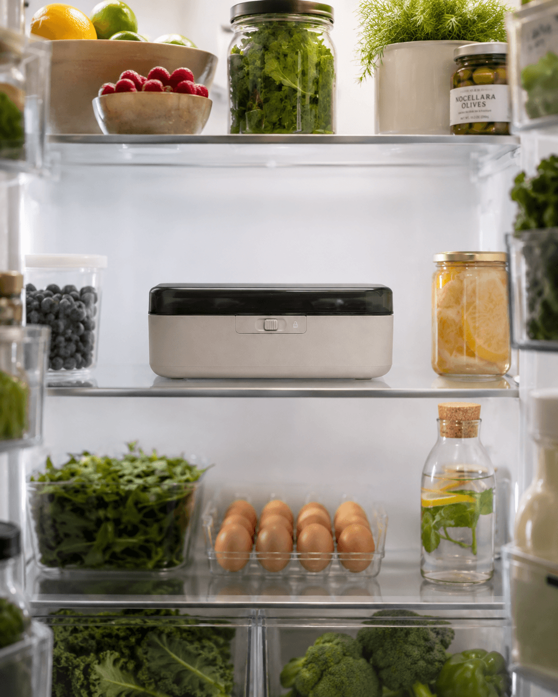 A stocked refrigerator with the KOLD case centered on its own shelf