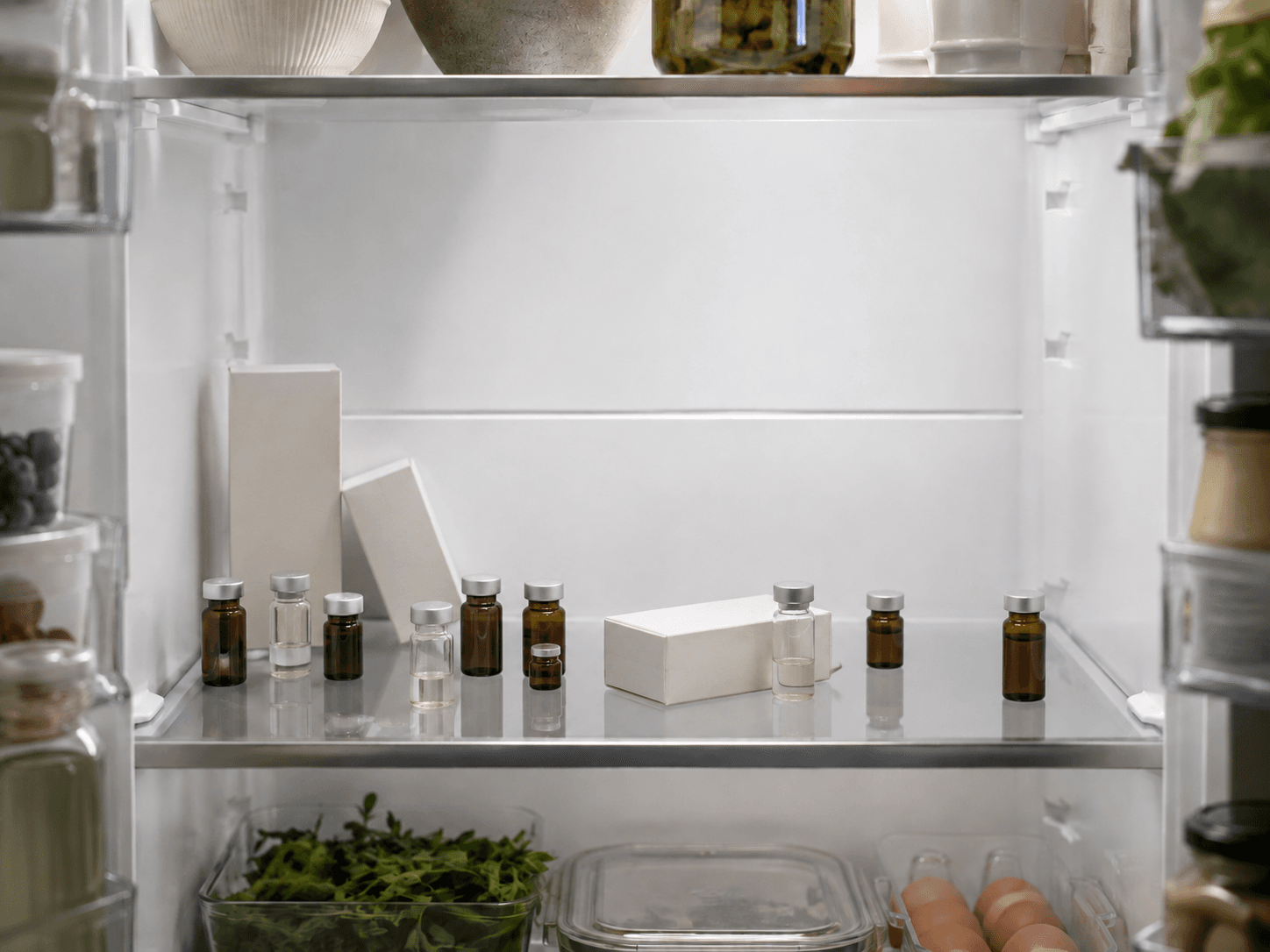 Loose medication vials and boxes scattered on a refrigerator shelf