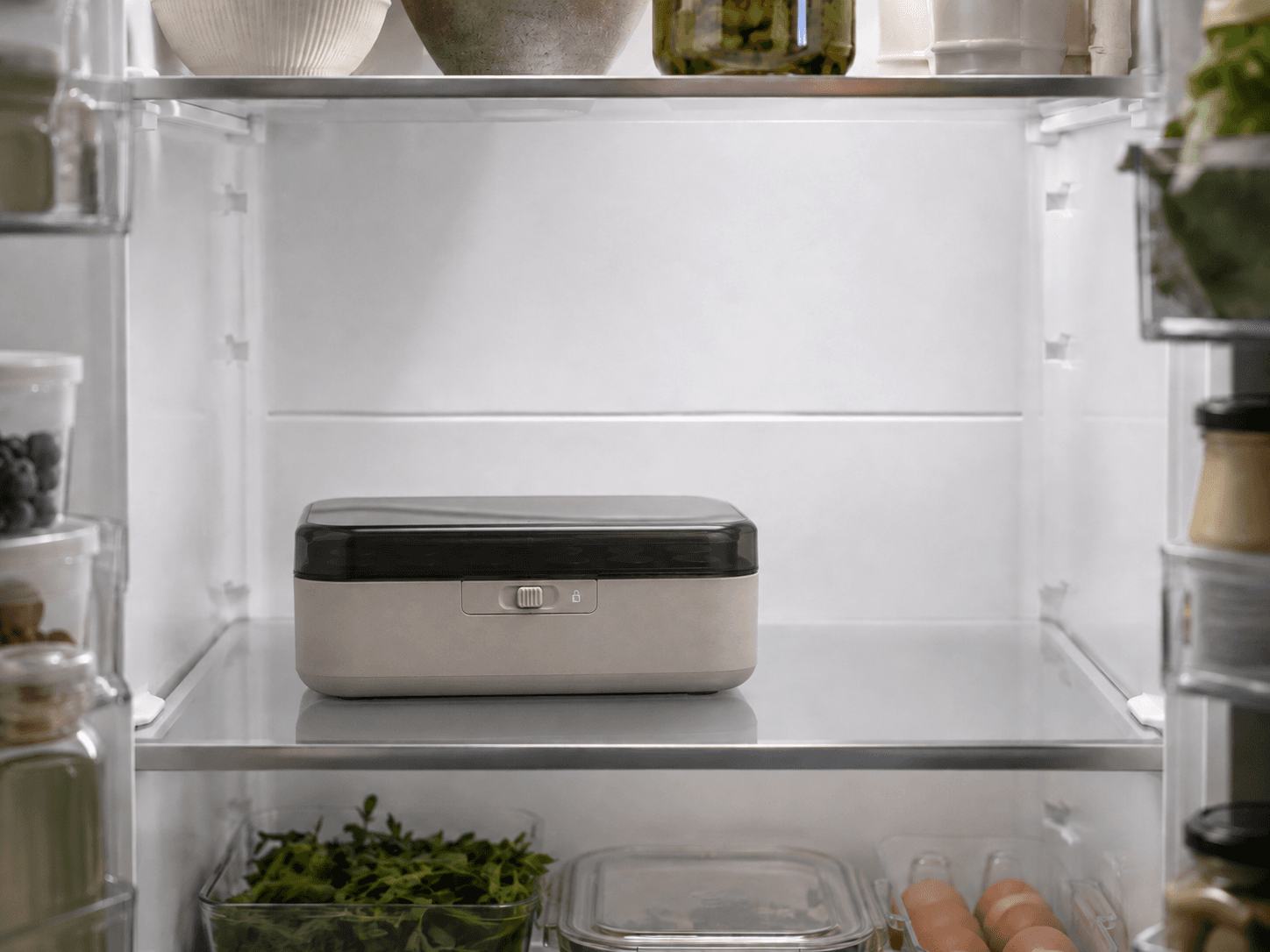 The closed KOLD case sitting on a glass refrigerator shelf